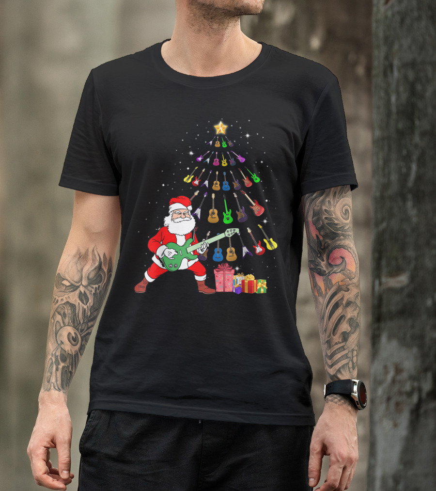 Santa Rocking With Guitar Christmas Tree And Presents T-Shirt