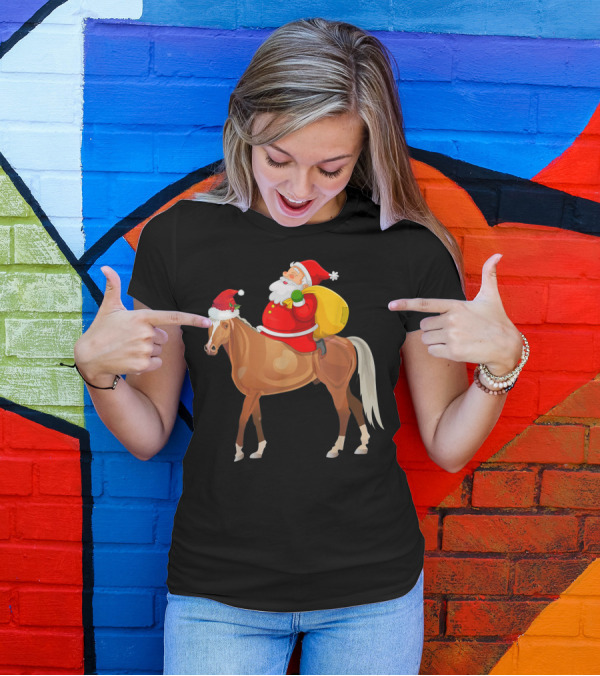 Funny Santa With Sack Riding Santa Hat Horse T-Shirt