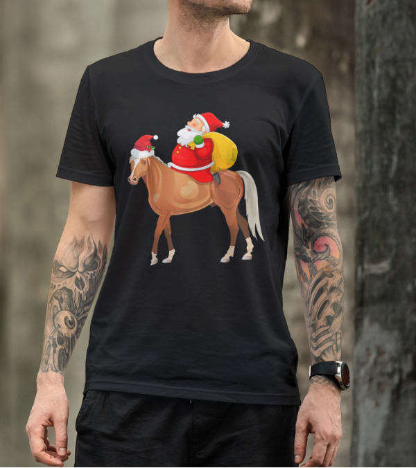 Funny Santa With Sack Riding Santa Hat Horse T-Shirt