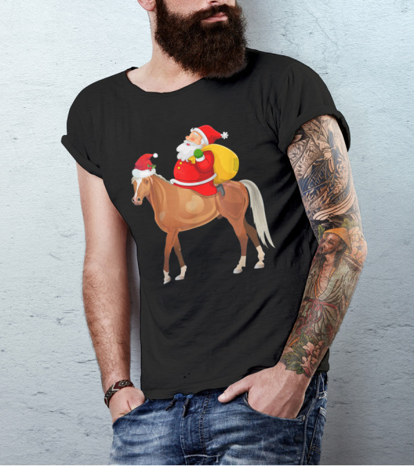 Funny Santa With Sack Riding Santa Hat Horse T-Shirt