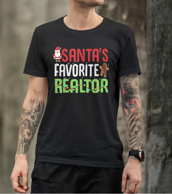 Santa's Favorite Realtor Estate Agent Funny Christmas Design With Gingerbread And Lights T-Shirt