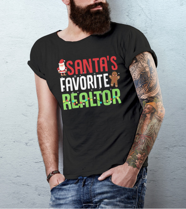 Santa's Favorite Realtor Estate Agent Funny Christmas Design With Gingerbread And Lights T-Shirt