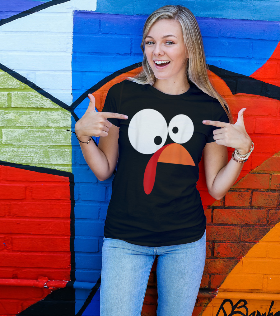 Funny Thanksgiving Turkey Face With Large Googly Eyes And Orange Bow Tie T-Shirt