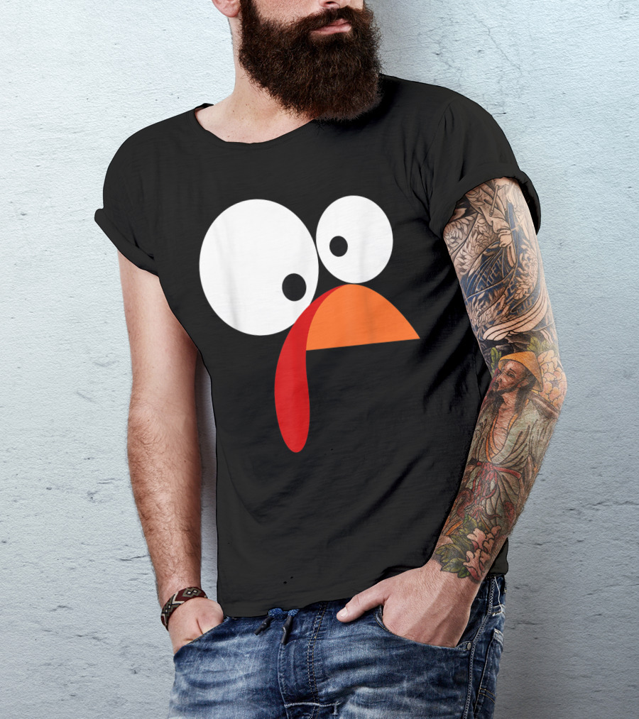 Funny Thanksgiving Turkey Face With Large Googly Eyes And Orange Bow Tie T-Shirt