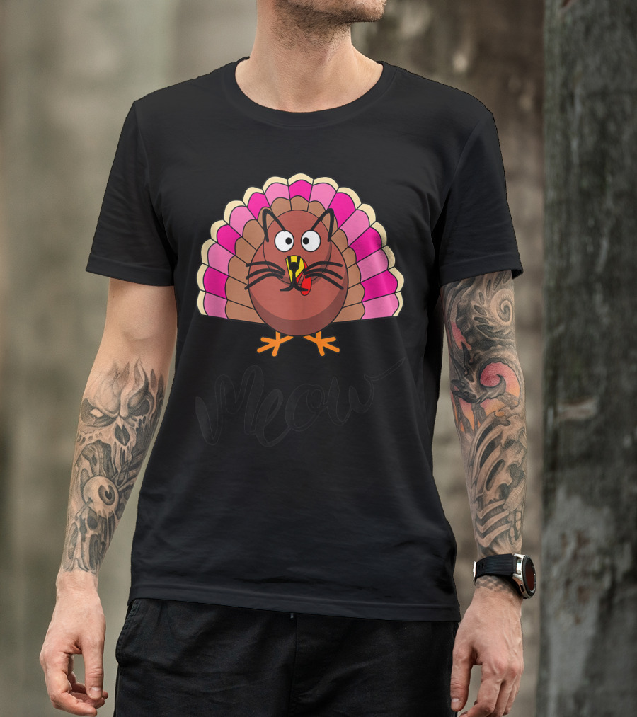 Meow Thanksgiving Turkey Cat Funny Vegetarian Vegan T-Shirt