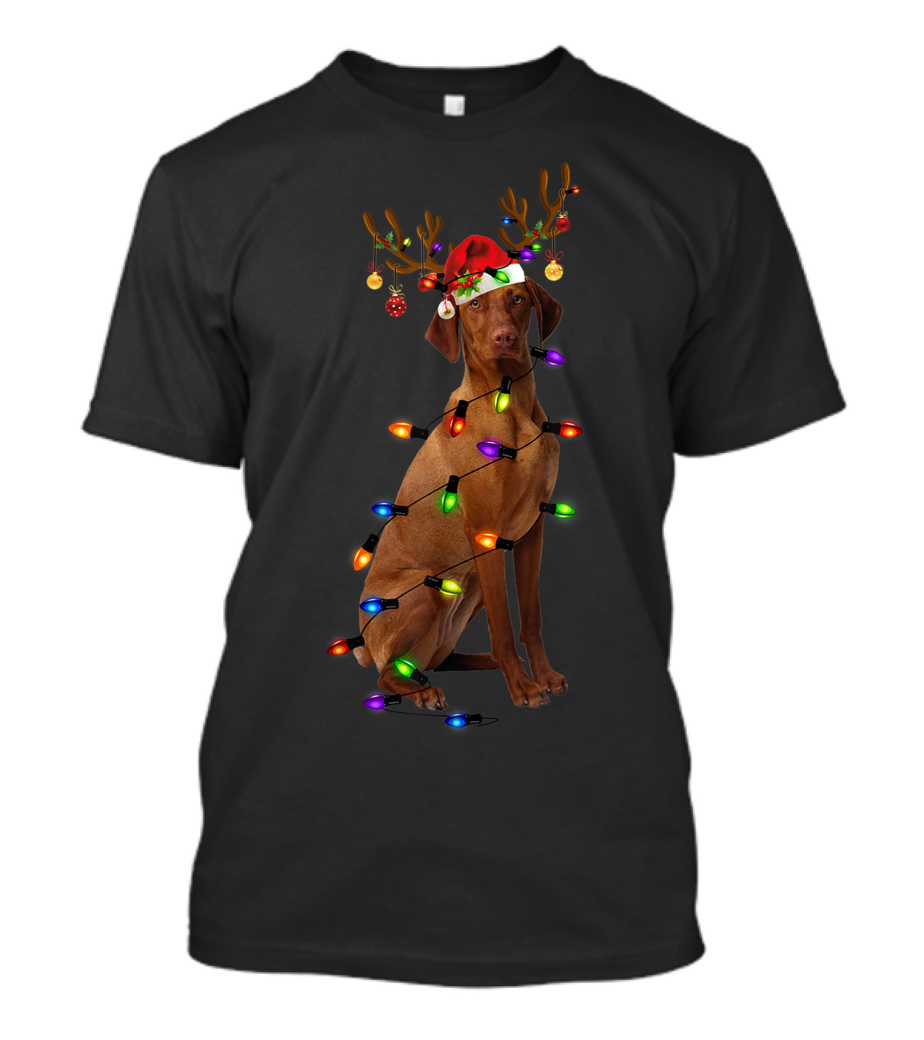 Funny Vizsla With Reindeer Antlers And Christmas Lights T-Shirt