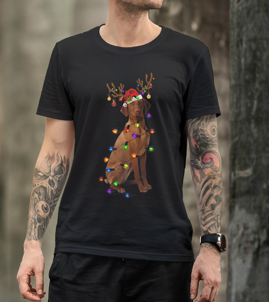 Funny Vizsla With Reindeer Antlers And Christmas Lights T-Shirt