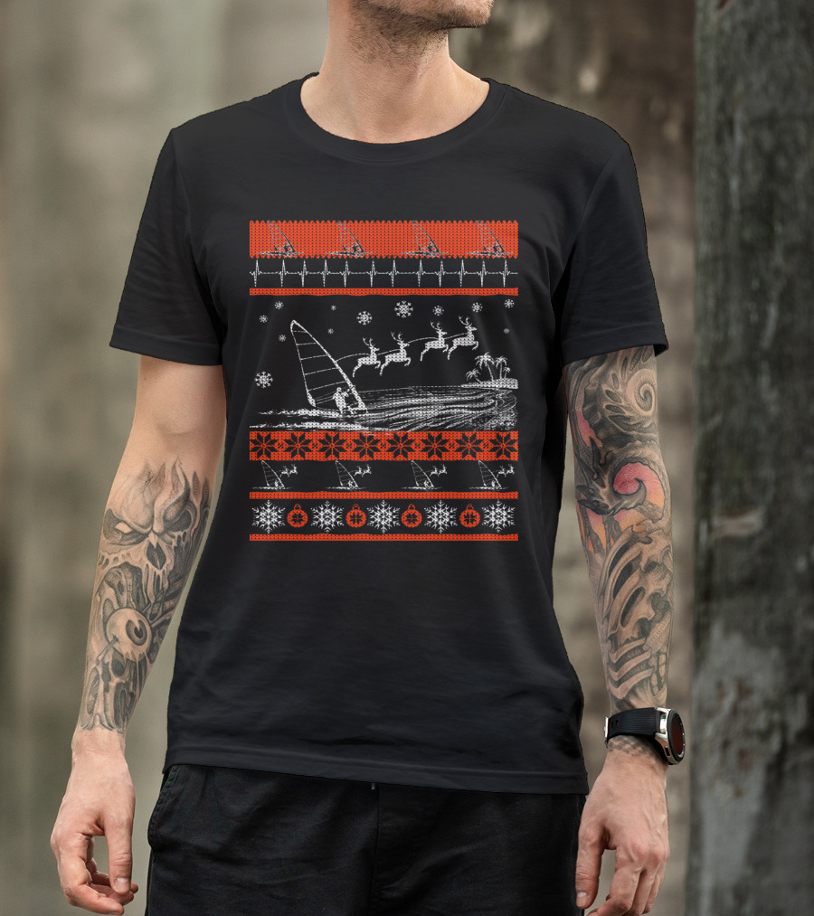 Funny Windsurfing Reindeer Snowflake Palms Holiday T-Shirt
