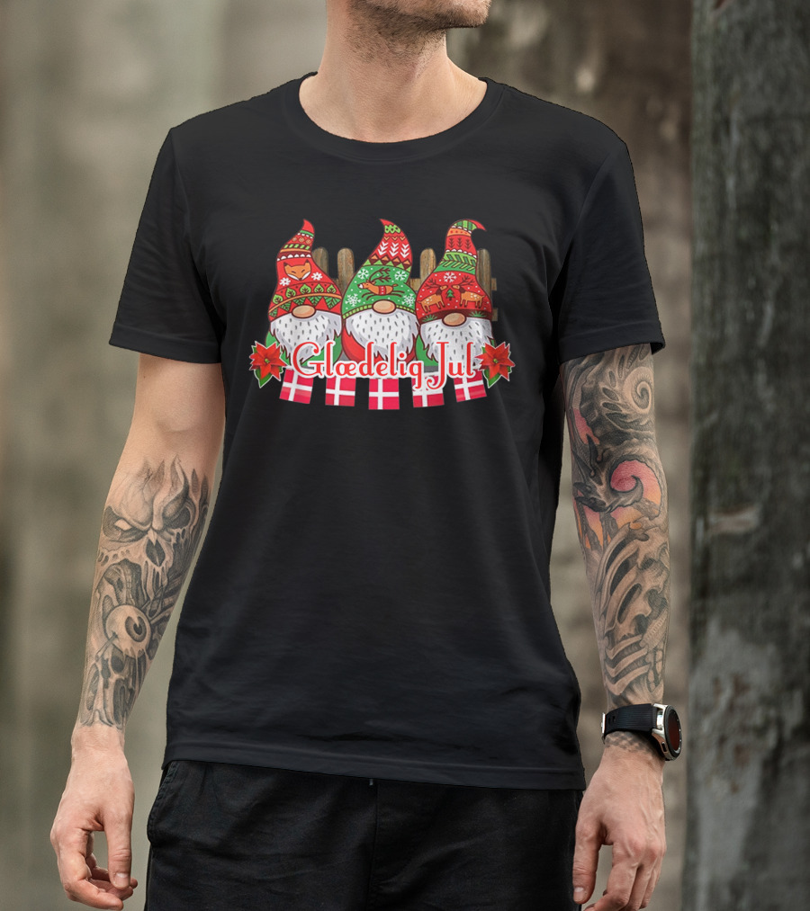 Glaedelig Jul Danish Merry Christmas Gnomes With Flags T-Shirt