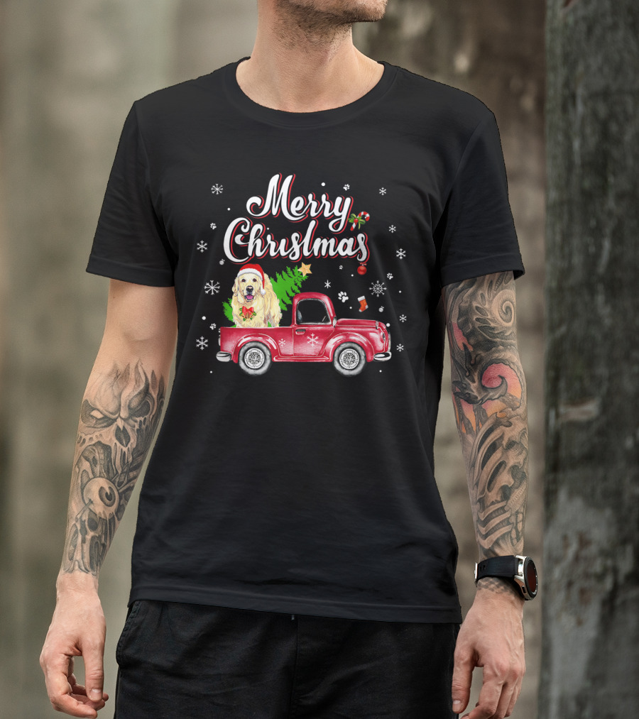 Merry Christmas Golden Retriever Santa Rides Red Truck T-Shirt