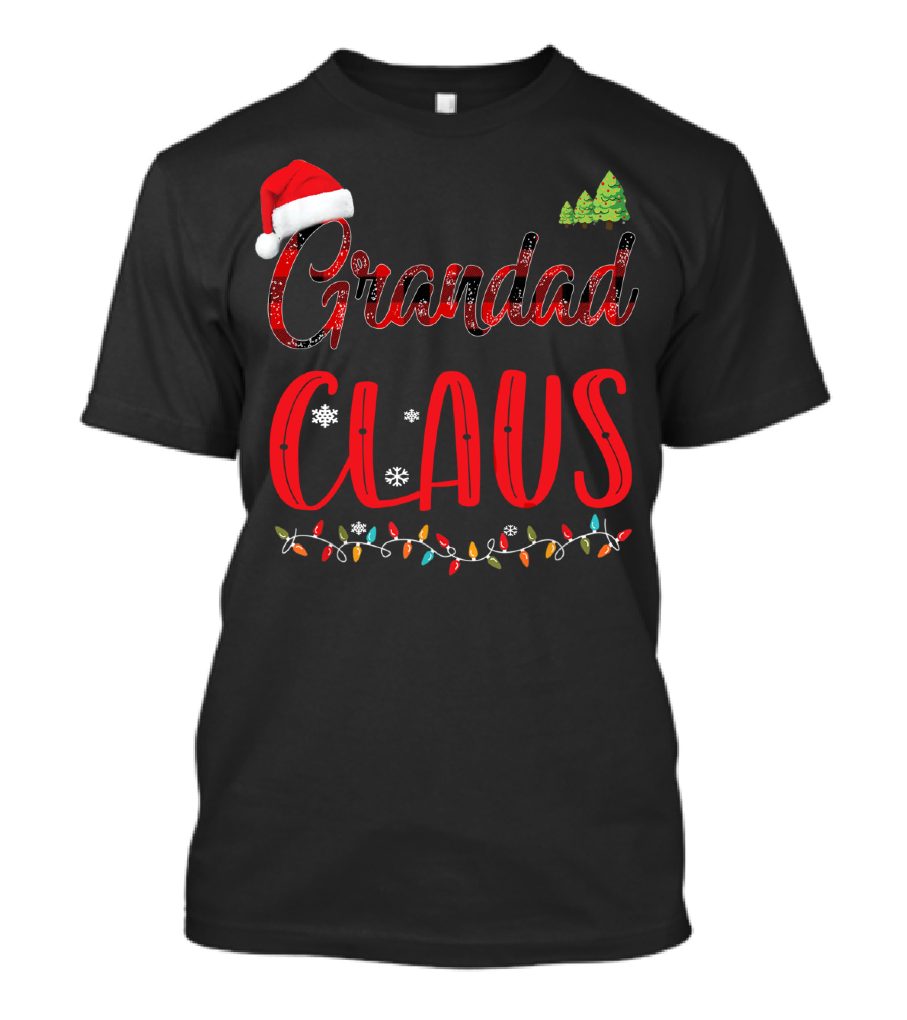 Grandad Claus Merry Christmas Hat Lights Snowflakes Trees T-Shirt