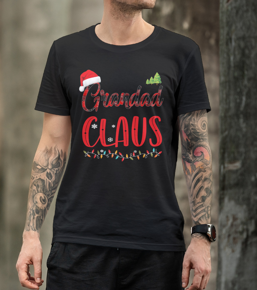Grandad Claus Merry Christmas Hat Lights Snowflakes Trees T-Shirt