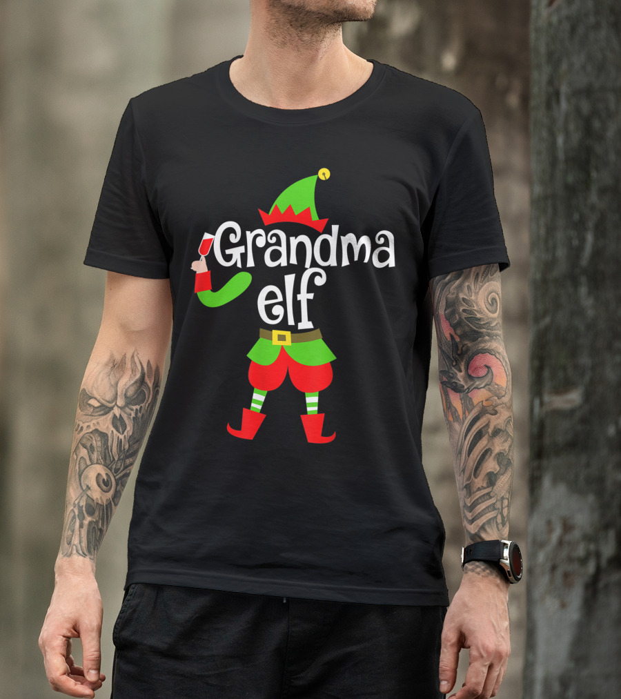 Grandma Elf Holding Wine Glass Festive T-Shirt