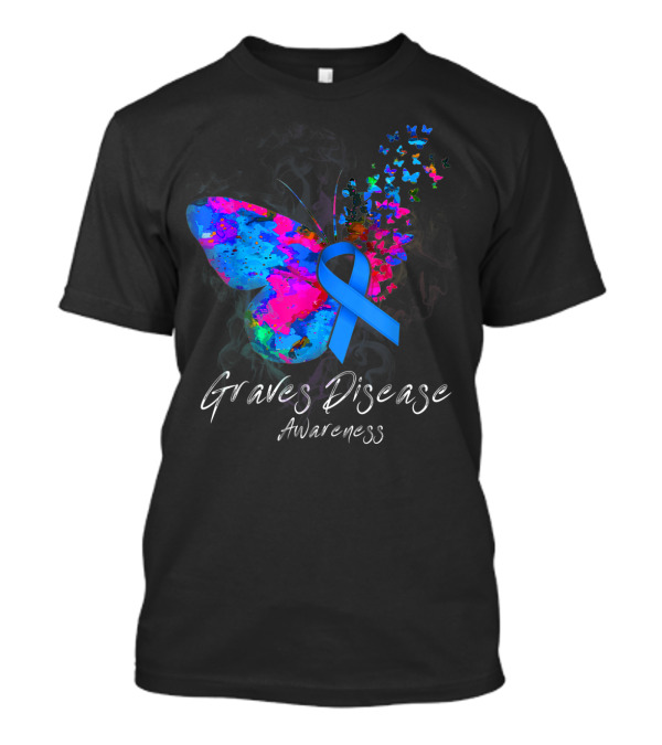 Graves Disease Awareness Butterfly Ribbon Light Blue Vibrant Colors T-Shirt