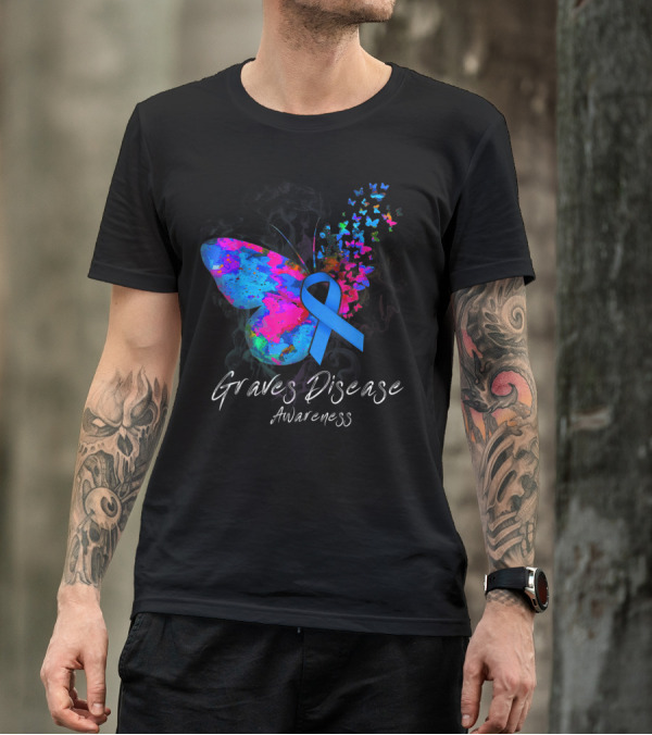 Graves Disease Awareness Butterfly Ribbon Light Blue Vibrant Colors T-Shirt