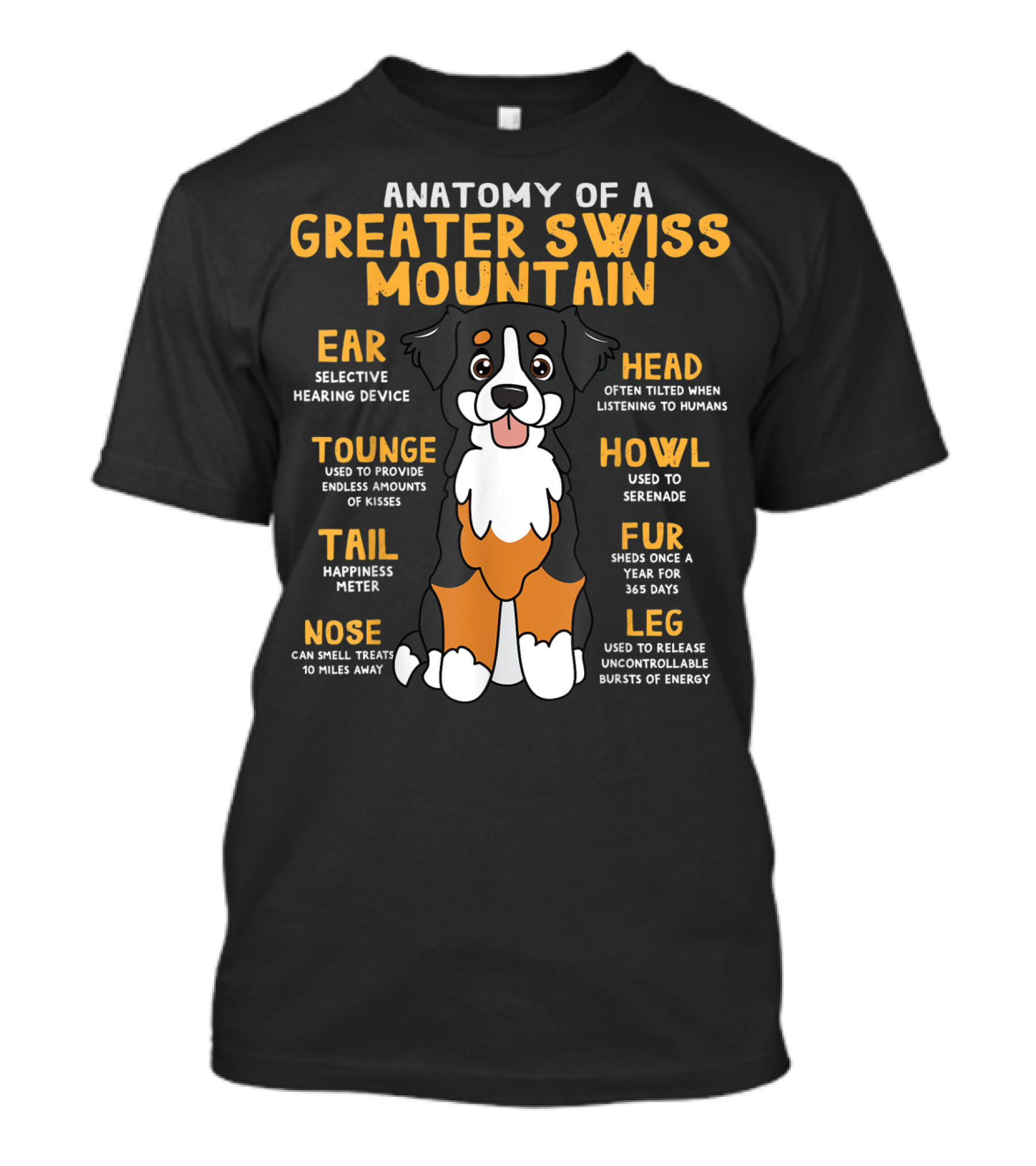 Anatomy Of A Greater Swiss Mountain Nose Tongue Head Fur Tail Ear Leg Howl T-Shirt