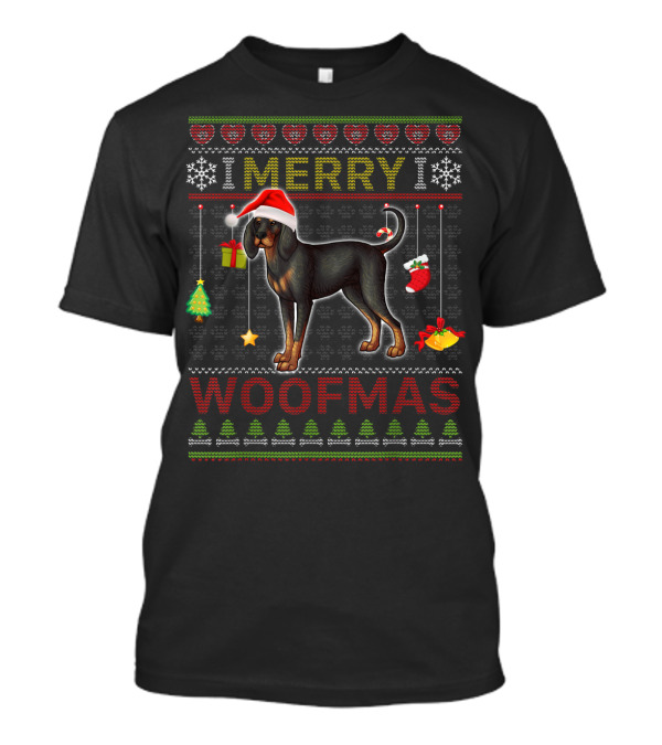 Merry Woofmas Black And Tan Coonhound Dog Santa Hat Christmas T-Shirt