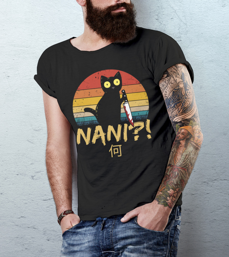 Nani? Retro Sunset Black Cat With Knife Japanese Text T-Shirt