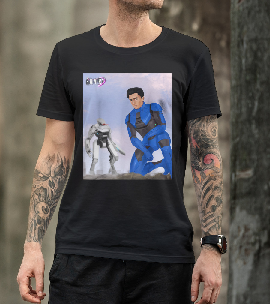 Foundra Neven In Blue Power Armor Kneeling With Mech In Background T-Shirt