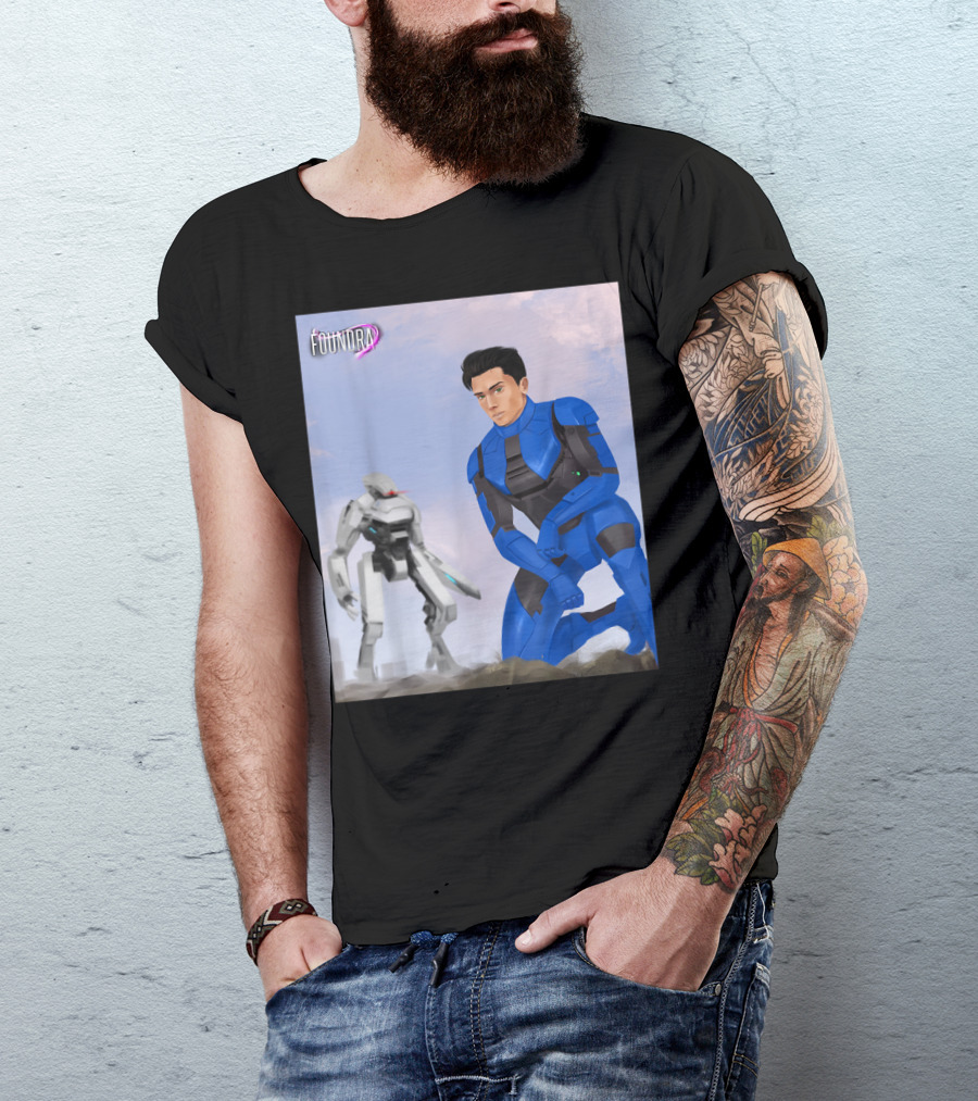 Foundra Neven In Blue Power Armor Kneeling With Mech In Background T-Shirt