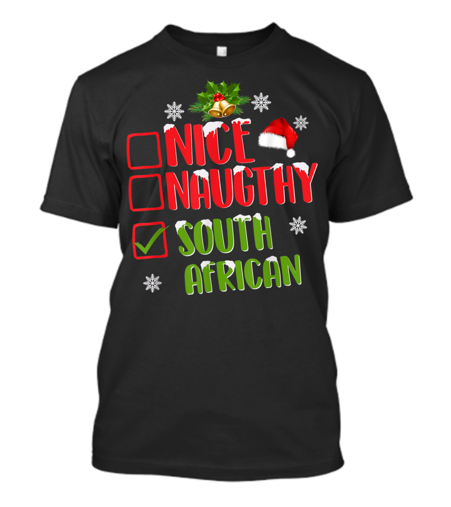Nice Naughty South African Christmas Bells Santa Hat Snowflakes T-Shirt