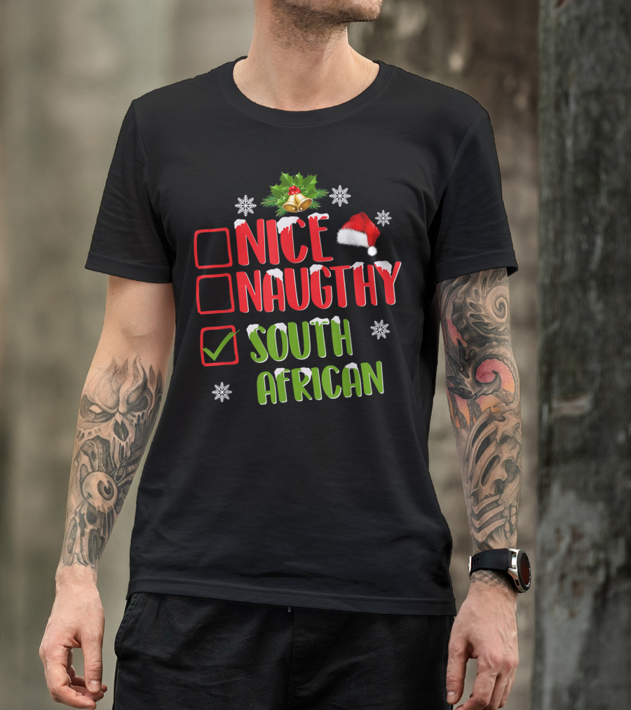 Nice Naughty South African Christmas Bells Santa Hat Snowflakes T-Shirt