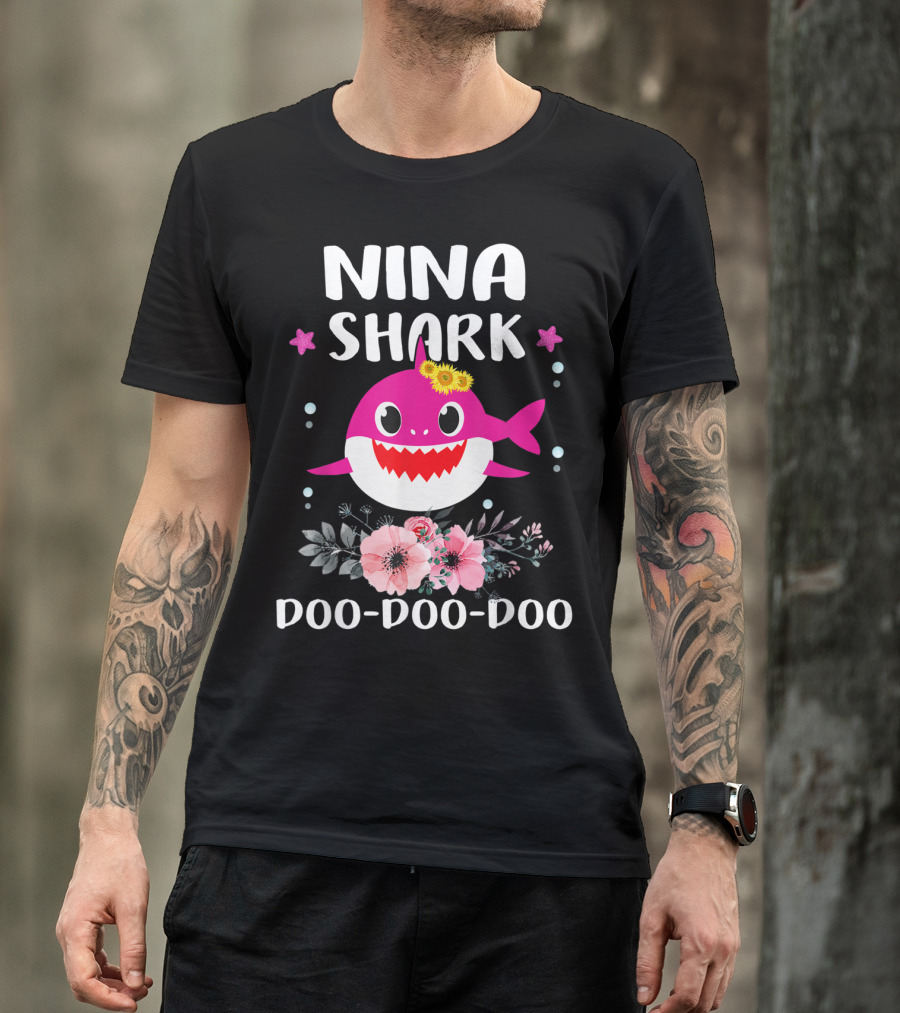 Nina Shark Doo Doo Doo Pink Shark With Flowers And Stars T-Shirt