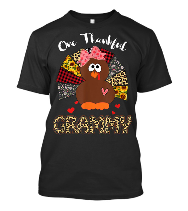 One Thankful Grammy Leopard Print Turkey With Bow And Hearts T-Shirt