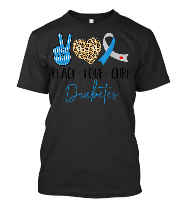 Peace Love Cure Diabetes Awareness Blue Stripes Leopard Print Heart T-Shirt