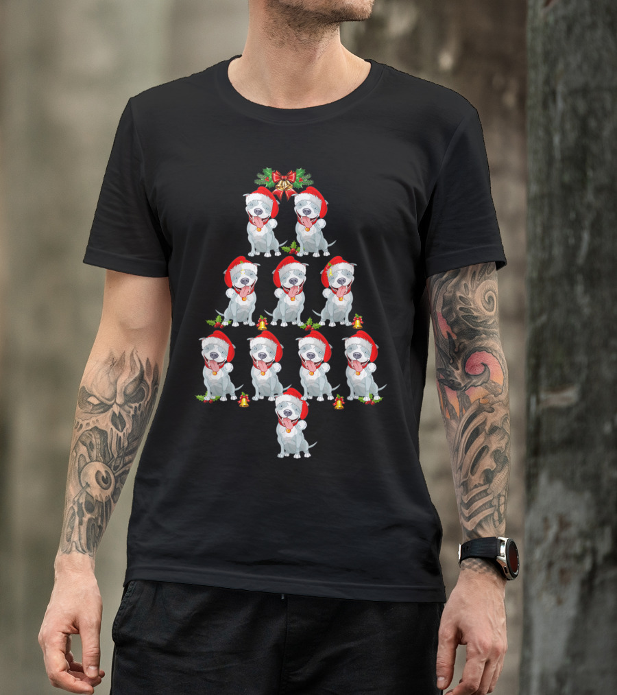 Pitbull Dog Christmas Tree Santa Hat Holiday T-Shirt