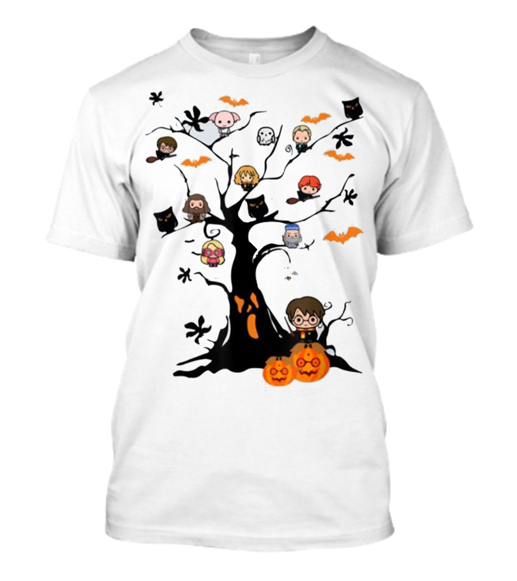 Potter Tree Cute Harry Pawter Halloween Characters Bats Pumpkins T-Shirt