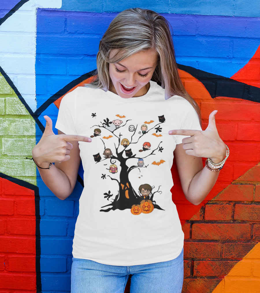 Potter Tree Cute Harry Pawter Halloween Characters Bats Pumpkins T-Shirt