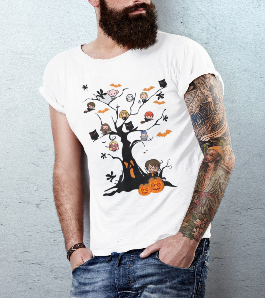 Potter Tree Cute Harry Pawter Halloween Characters Bats Pumpkins T-Shirt