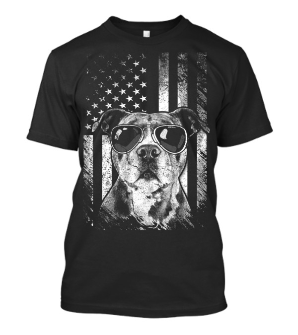 Patriotic American Pit Bull With Sunglasses USA Flag Funny Pitbull Dad T-Shirt