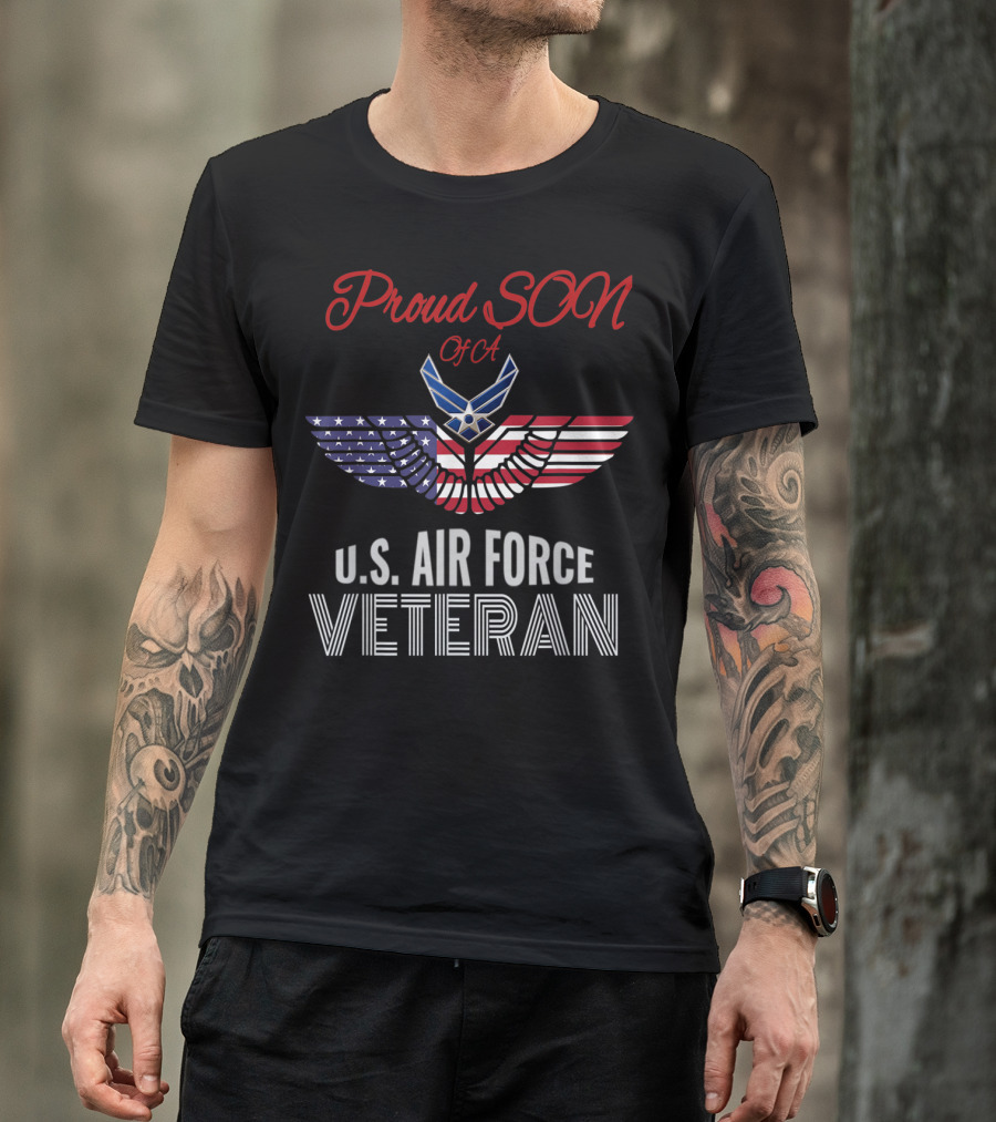 Proud Son Of A U.S. Air Force Veteran With American Flag Wings And Emblem T-Shirt