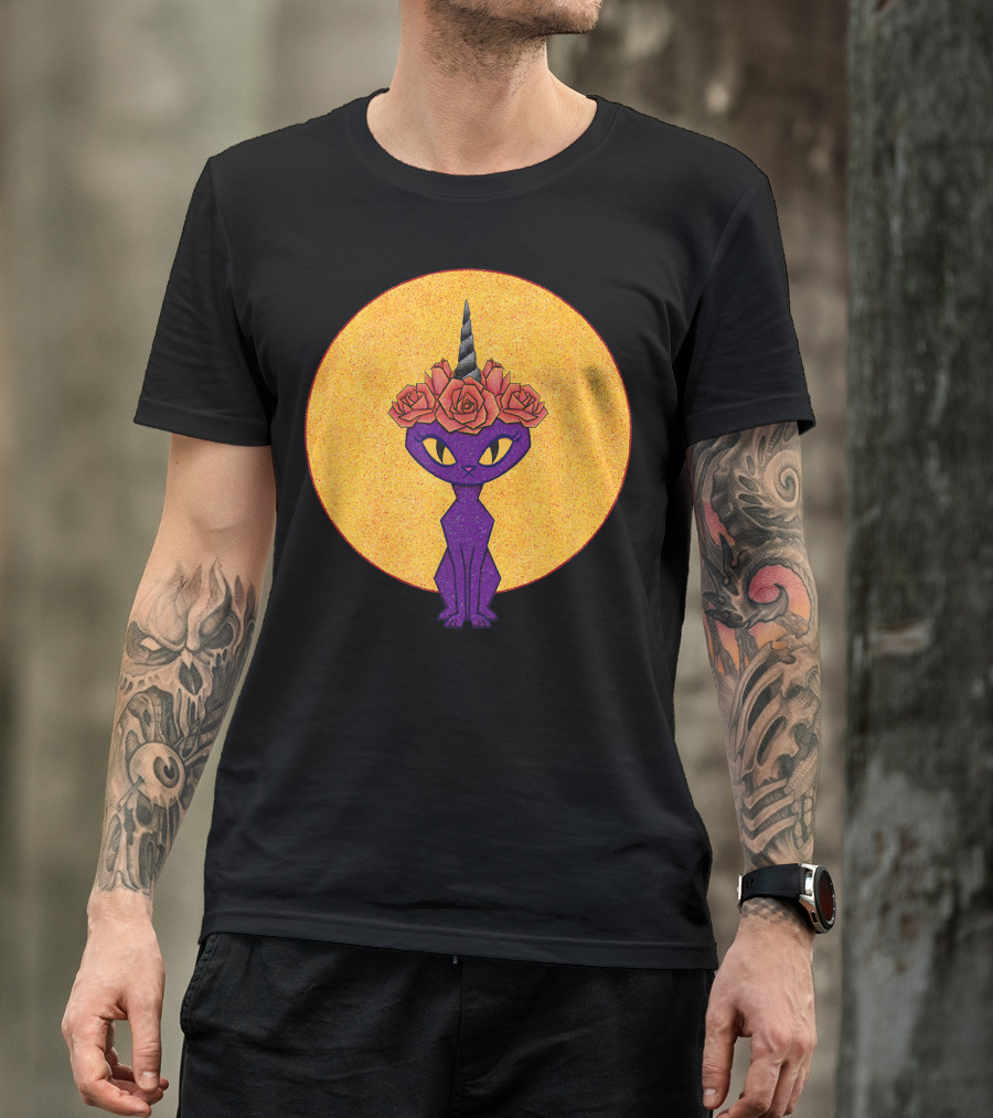 Purple Gothic Caticorn With Rose Crown And Golden Moon T-Shirt