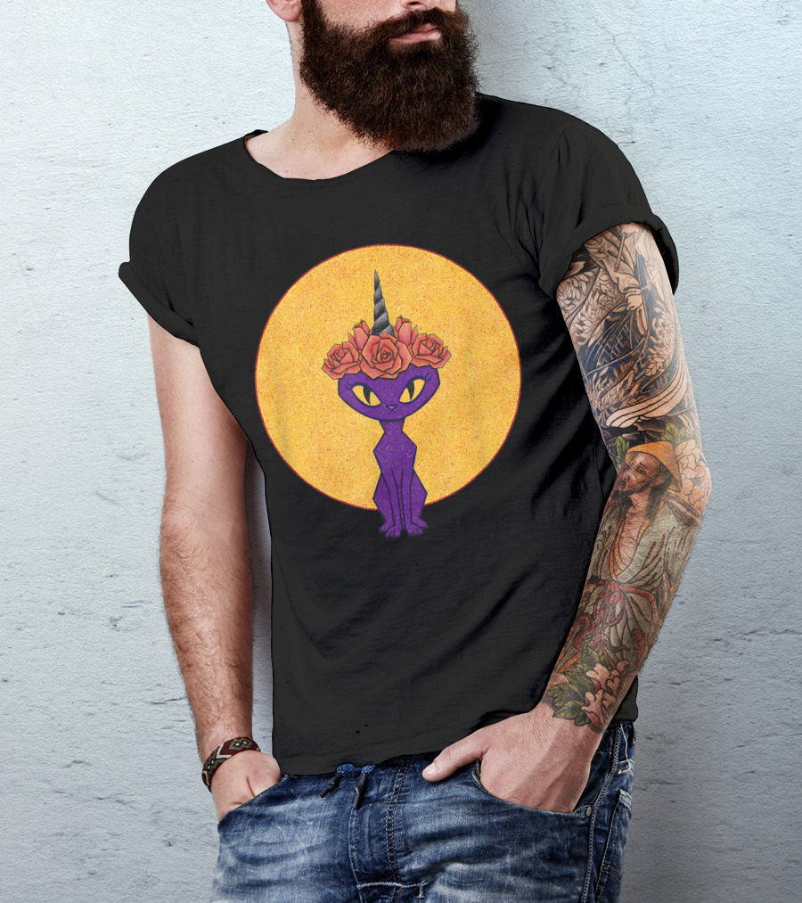 Purple Gothic Caticorn With Rose Crown And Golden Moon T-Shirt