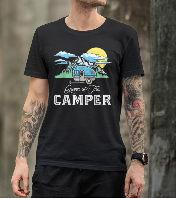 Queen Of The Camper RV With Mountain Sunset Background T-Shirt
