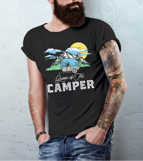 Queen Of The Camper RV With Mountain Sunset Background T-Shirt