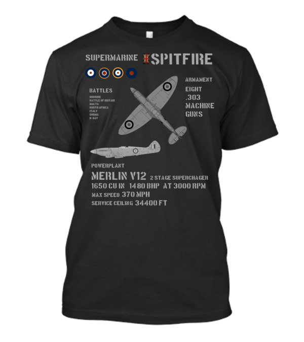 Supermarine Spitfire Battles Eight .303 Machine Guns Merlin V12 Max Speed 370 MPH T-Shirt