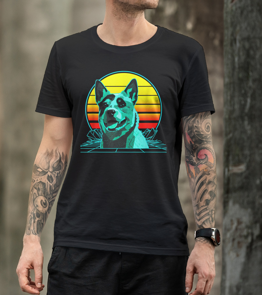 Retro Blue Heeler Vaporwave Sunset 3D Grid T-Shirt
