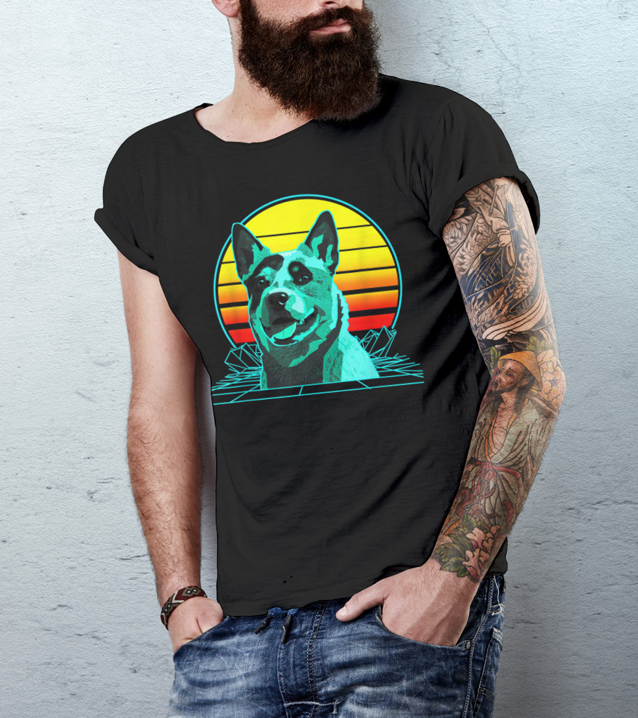 Retro Blue Heeler Vaporwave Sunset 3D Grid T-Shirt