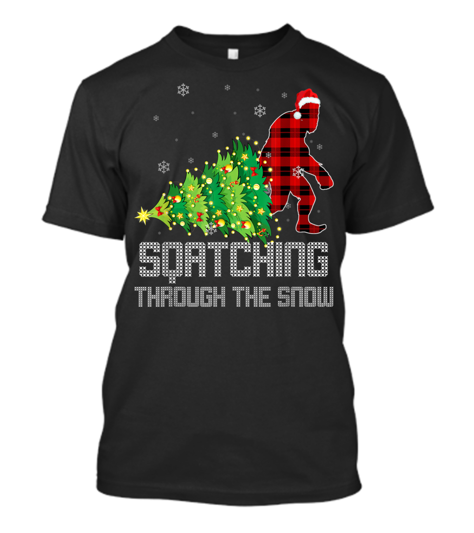 Squatching Through The Snow Plaid Sasquatch Christmas Tree Snowflakes T-Shirt