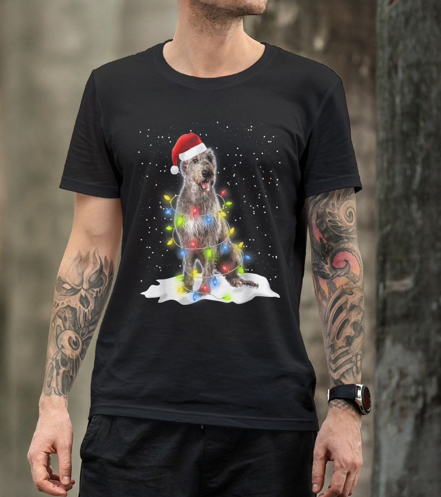 Scottish Deerhound Christmas Lights Santa Hat Snow Scene T-Shirt