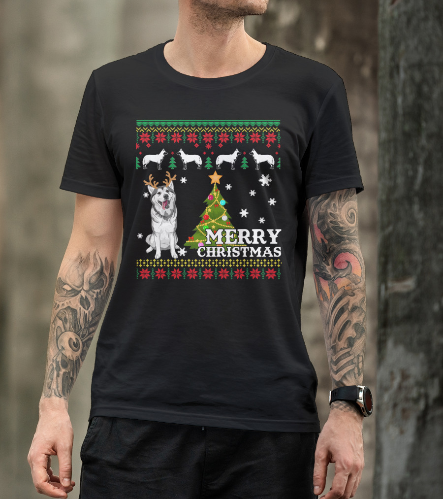 Merry Christmas Siberian Husky UglyChristmas Snowflakes Tree Reindeer Antlers T-Shirt