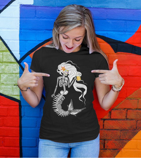 Skeleton Mermaid Sugar Skull Starfish Beer T-Shirt
