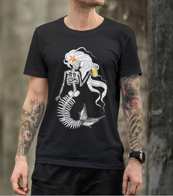 Skeleton Mermaid Sugar Skull Starfish Beer T-Shirt