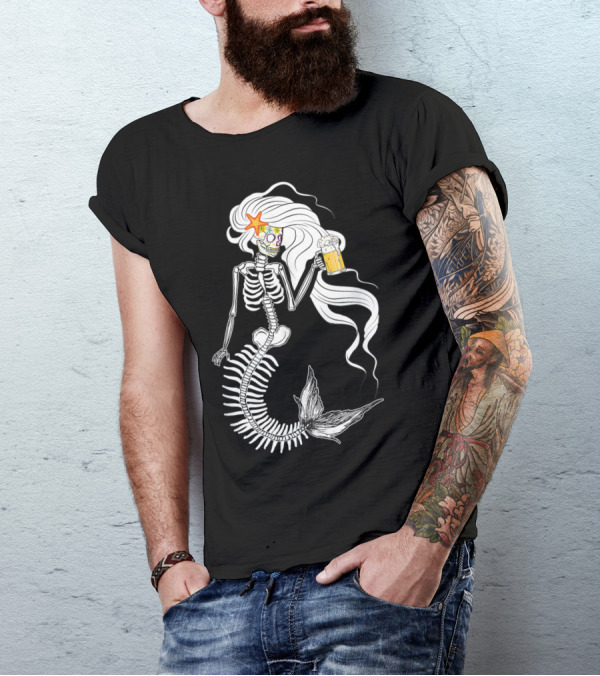 Skeleton Mermaid Sugar Skull Starfish Beer T-Shirt