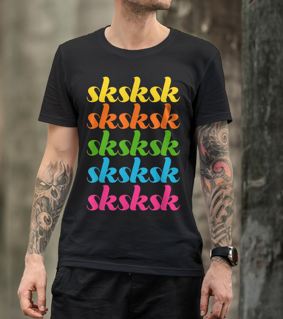 Sksksk Yellow Orange Green Blue Pink Repeated Text T-Shirt