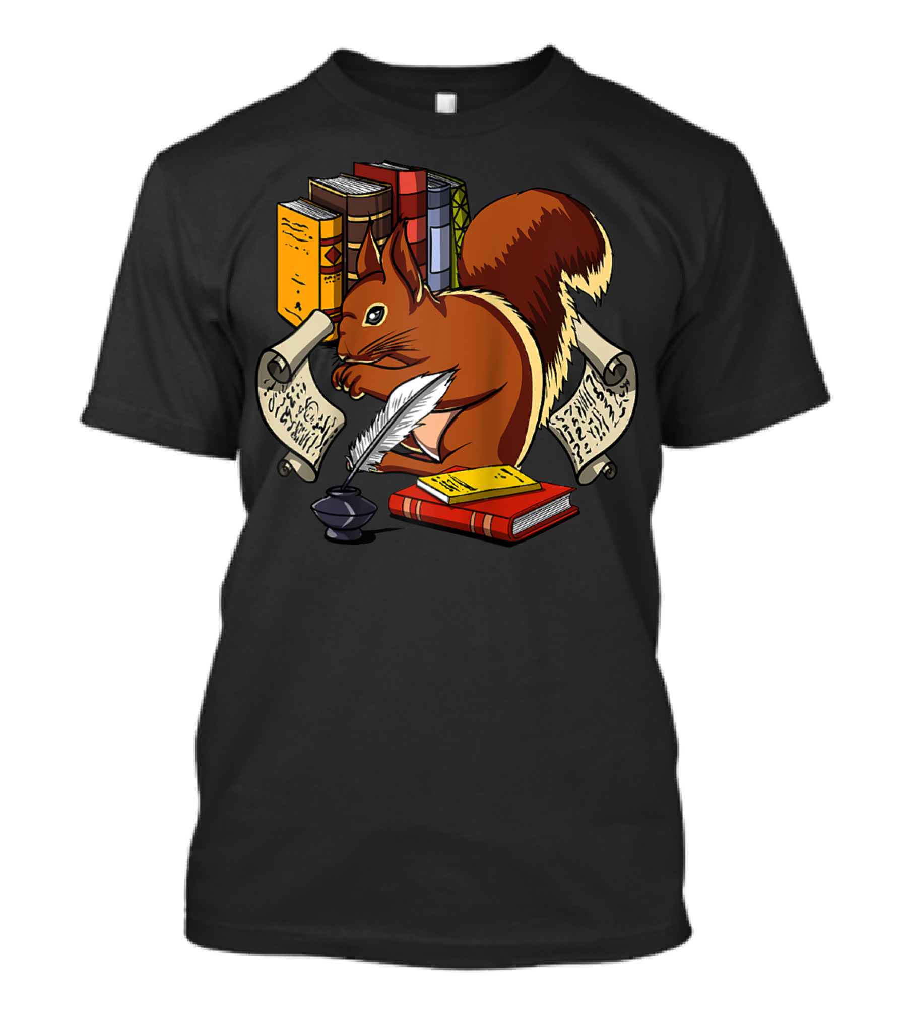 Squirrel Reading With Books Quill Scrolls Nerd Geek Student T-Shirt